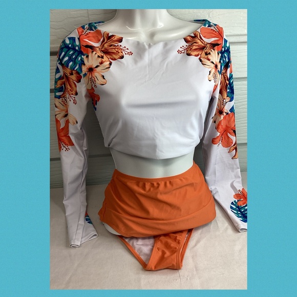 Floral Long Sleeve Crop Top - White and Orange 37 - Picture 2 of 6